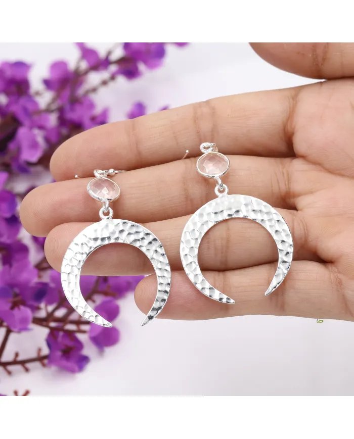 Natural Rose Quartz Earrings - Sterling Silver Hammered Crescent Moon Dangle Earrings With a Gemstone Accent