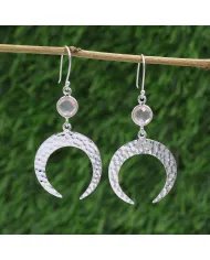 Natural Rose Quartz Earrings - Sterling Silver Hammered Crescent Moon Dangle Earrings With a Gemstone Accent