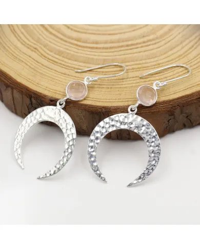 Natural Rose Quartz Earrings - Sterling Silver Hammered Crescent Moon Dangle Earrings With a Gemstone Accent