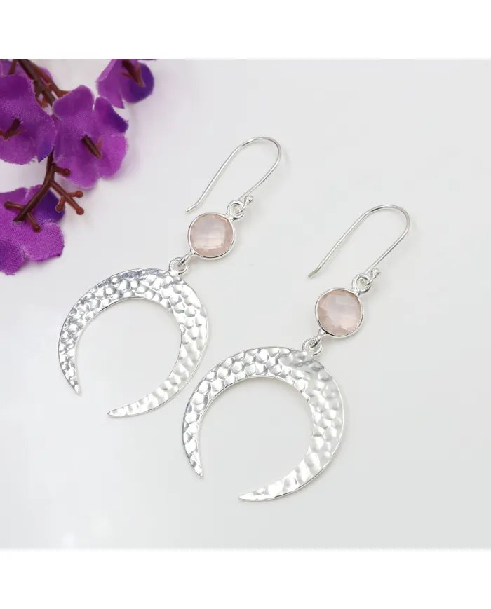 Natural Rose Quartz Earrings - Sterling Silver Hammered Crescent Moon Dangle Earrings With a Gemstone Accent