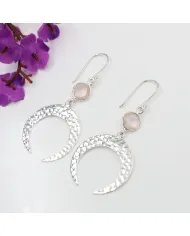 Natural Rose Quartz Earrings - Sterling Silver Hammered Crescent Moon Dangle Earrings With a Gemstone Accent