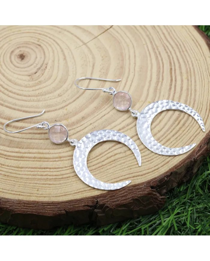 Natural Rose Quartz Earrings - Sterling Silver Hammered Crescent Moon Dangle Earrings With a Gemstone Accent