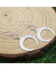 Natural Rose Quartz Earrings - Sterling Silver Hammered Crescent Moon Dangle Earrings With a Gemstone Accent