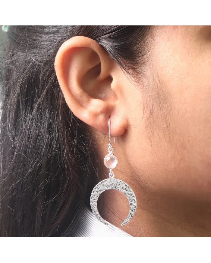 Natural Rose Quartz Earrings - Sterling Silver Hammered Crescent Moon Dangle Earrings With a Gemstone Accent