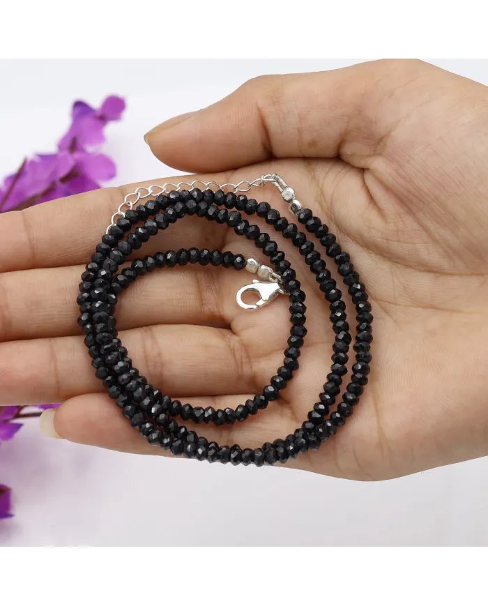 Black Spinel Necklace - Sterling Silver Beads Choker Necklace Handmade Jewelry