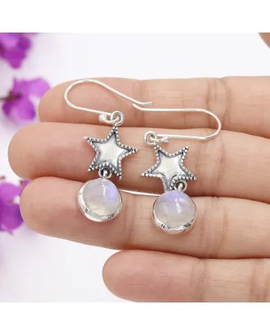 Natural Moonstone Earrings - Sterling Silver Handmade Star Design Dangle Earrings