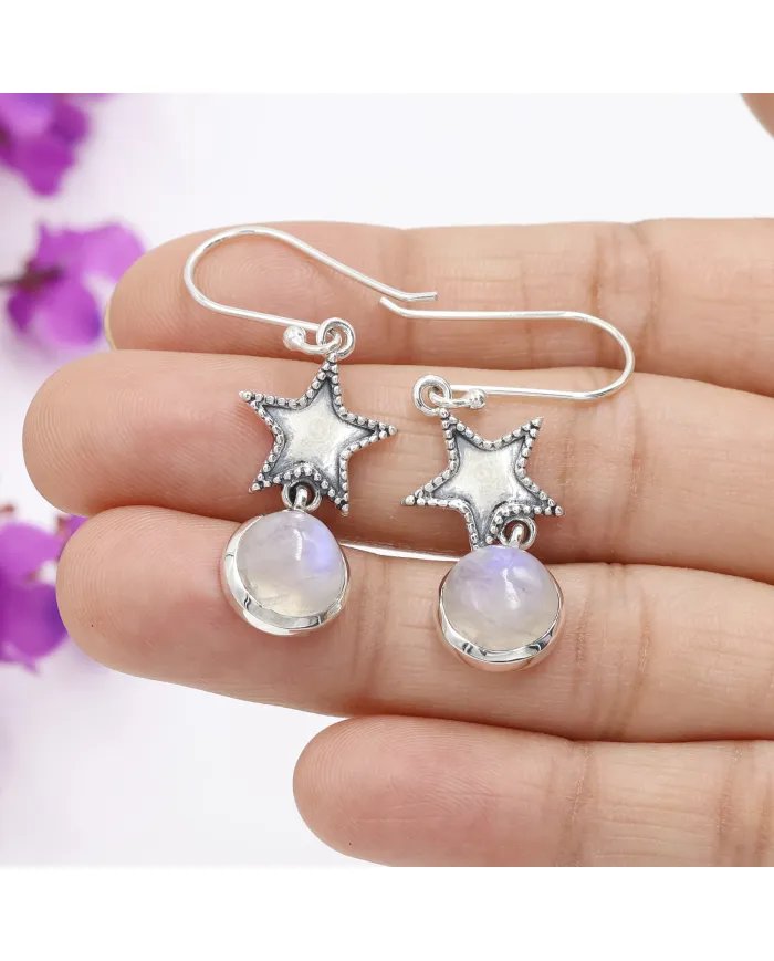 Natural Moonstone Earrings - Sterling Silver Handmade Star Design Dangle Earrings