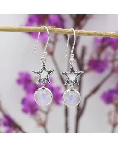 Natural Moonstone Earrings - Sterling Silver Handmade Star Design Dangle Earrings