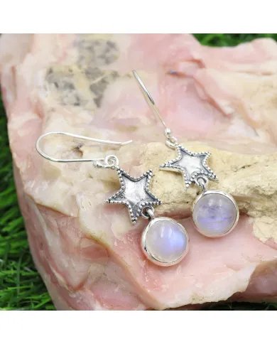 Natural Moonstone Earrings - Sterling Silver Handmade Star Design Dangle Earrings