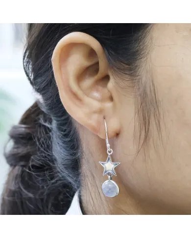 Natural Moonstone Earrings - Sterling Silver Handmade Star Design Dangle Earrings