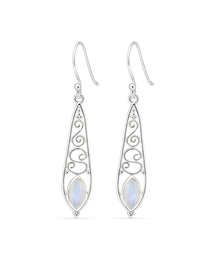 Moonstone Filigree Drop Earrings - 925 Sterling Silver Jewelry