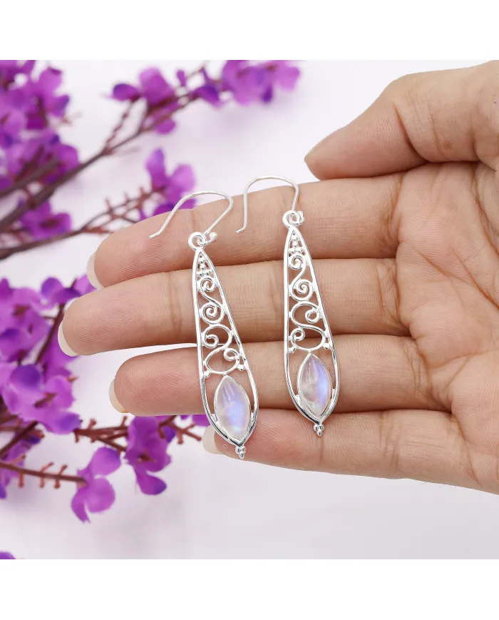 Moonstone Filigree Drop Earrings - 925 Sterling Silver Jewelry