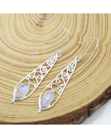Moonstone Filigree Drop Earrings - 925 Sterling Silver Jewelry