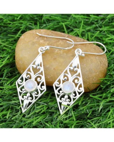 Moonstone Filigree Drop Earrings – 925 Sterling Silver Unique Jewelry