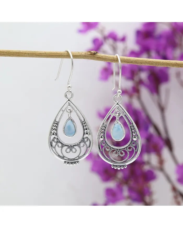 Natural Larimar Earrings - Sterling Silver Handmade Boho Vintage Jewelry for Women