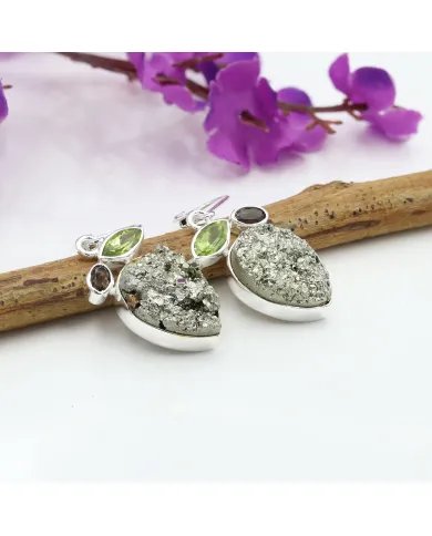 Natural Pyrite Earrings | Peridot & Smoky Quartz | Handmade Sterling Silver Jewelry for Women