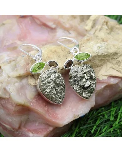 Natural Pyrite Earrings | Peridot & Smoky Quartz | Handmade Sterling Silver Jewelry for Women