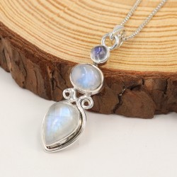 Moonstone Pendant, Three Stone Pendant, Sterling Silver Pendant, Pendant with Chains, June Birthstone, Charm Necklaces for Women