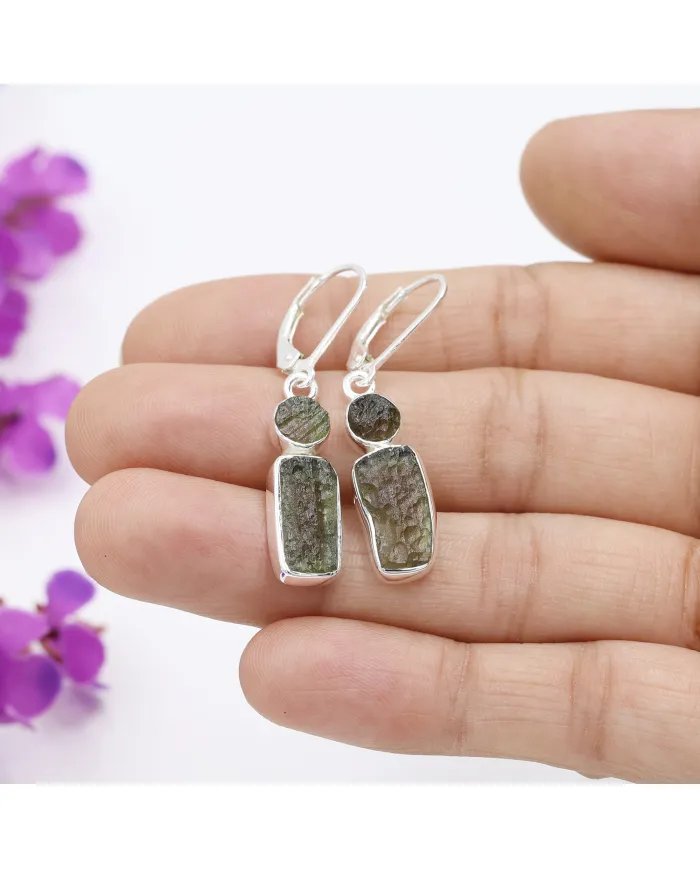 Raw Moldavite Earrings - Sterling Silver Dangle Earrings Handmade Versatile Jewelry