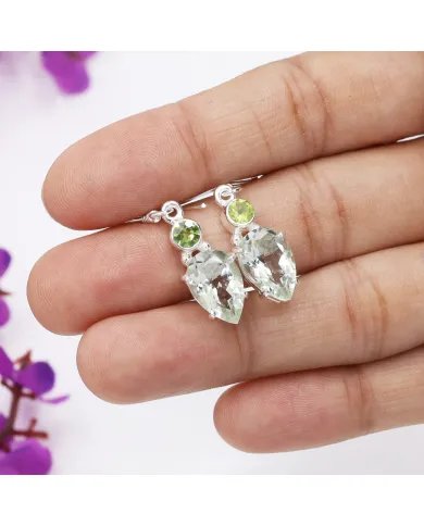 Natural Green Amethyst Earrings - Sterling Silver Peridot Handmade Versatile Jewelry for Women
