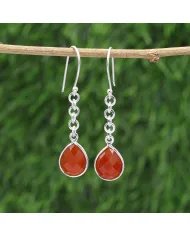 Natural Red Onyx Chain Earrings - 925 Sterling Silver Handmade Jewelry