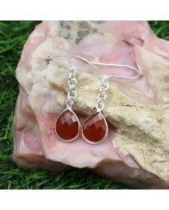 Natural Red Onyx Chain Earrings - 925 Sterling Silver Handmade Jewelry