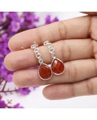 Natural Red Onyx Chain Earrings - 925 Sterling Silver Handmade Jewelry