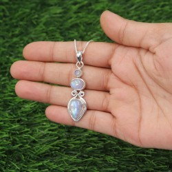 Moonstone Pendant, Three Stone Pendant, Sterling Silver Pendant, Pendant with Chains, June Birthstone, Charm Necklaces for Women