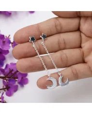 925 Sterling Silver Half Moon Star Chain Earrings - Handmade Jewelry