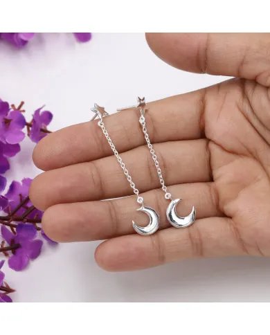 Silver Moon Star Earrings - Handmade Sterling Silver Chain Earrings for Women