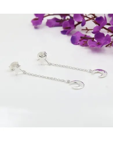 Silver Moon Star Earrings - Handmade Sterling Silver Chain Earrings for Women