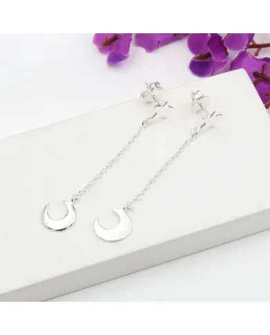 Silver Moon Star Earrings - Handmade Sterling Silver Chain Earrings for Women
