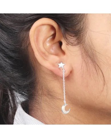 Silver Moon Star Earrings - Handmade Sterling Silver Chain Earrings for Women