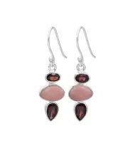 Genuine Pink Opal & Garnet - Sterling Silver Statement Earrings Unique Handmade Gift for Women