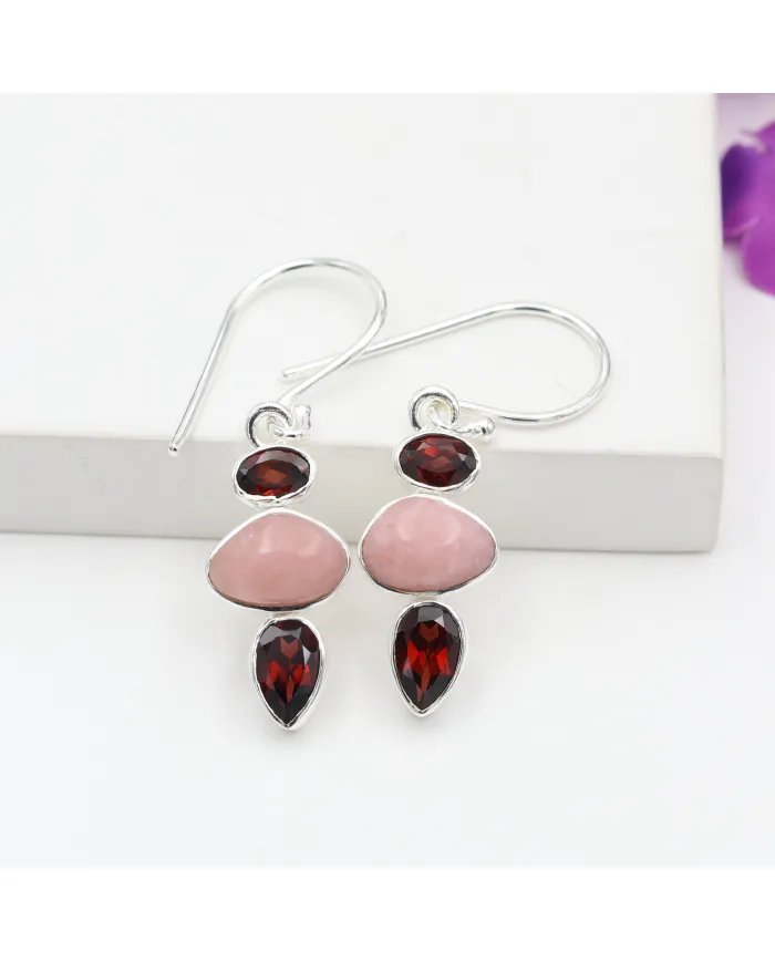 Genuine Pink Opal & Garnet - Sterling Silver Statement Earrings Unique Handmade Gift for Women