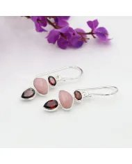 Genuine Pink Opal & Garnet - Sterling Silver Statement Earrings Unique Handmade Gift for Women