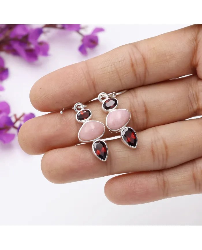 Genuine Pink Opal & Garnet - Sterling Silver Statement Earrings Unique Handmade Gift for Women