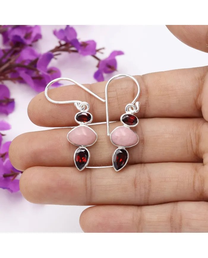Genuine Pink Opal & Garnet - Sterling Silver Statement Earrings Unique Handmade Gift for Women