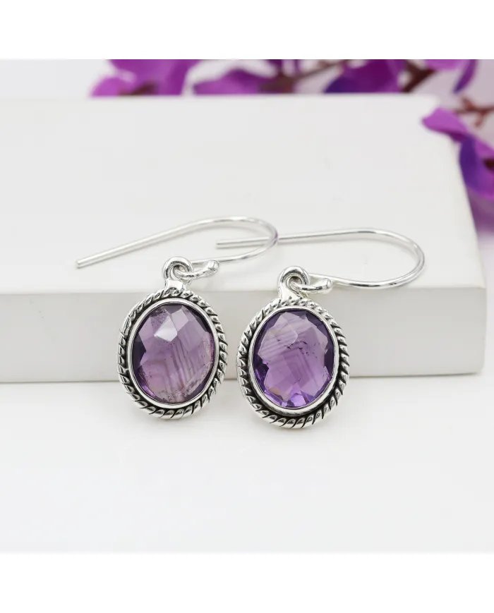 Natural Amethyst Earrings - Sterling Silver Bohemian Handmade Drop Earrings