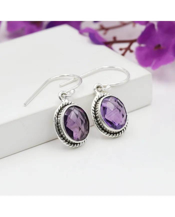 Natural Amethyst Earrings - Sterling Silver Bohemian Handmade Drop Earrings