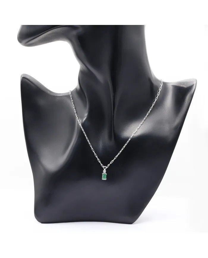 Natural Emerald & Moissanite Pendant - Sterling Silver Handmade Link Chain Pendant for Her