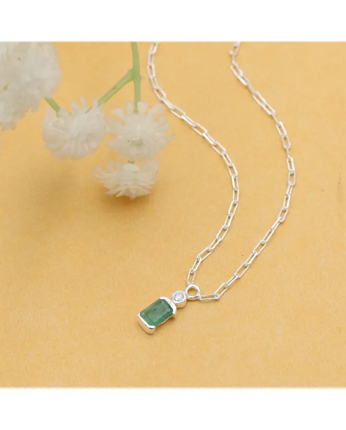 Natural Emerald & Moissanite Pendant - Sterling Silver Handmade Link Chain Pendant for Her
