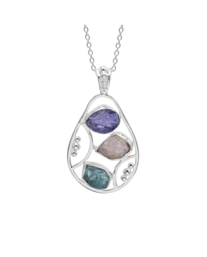 Raw Tanzanite Pendant Necklace with Rose Quartz and Apatite Gemstone