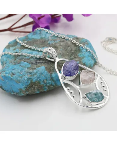 Raw Tanzanite Pendant Necklace with Rose Quartz and Apatite Gemstone
