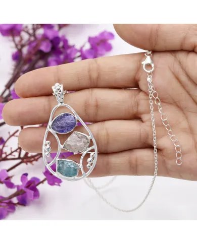Raw Tanzanite Pendant- Sterling Silver Rose Quartz and Apatite Pendant Handmade Gemstone Jewelry