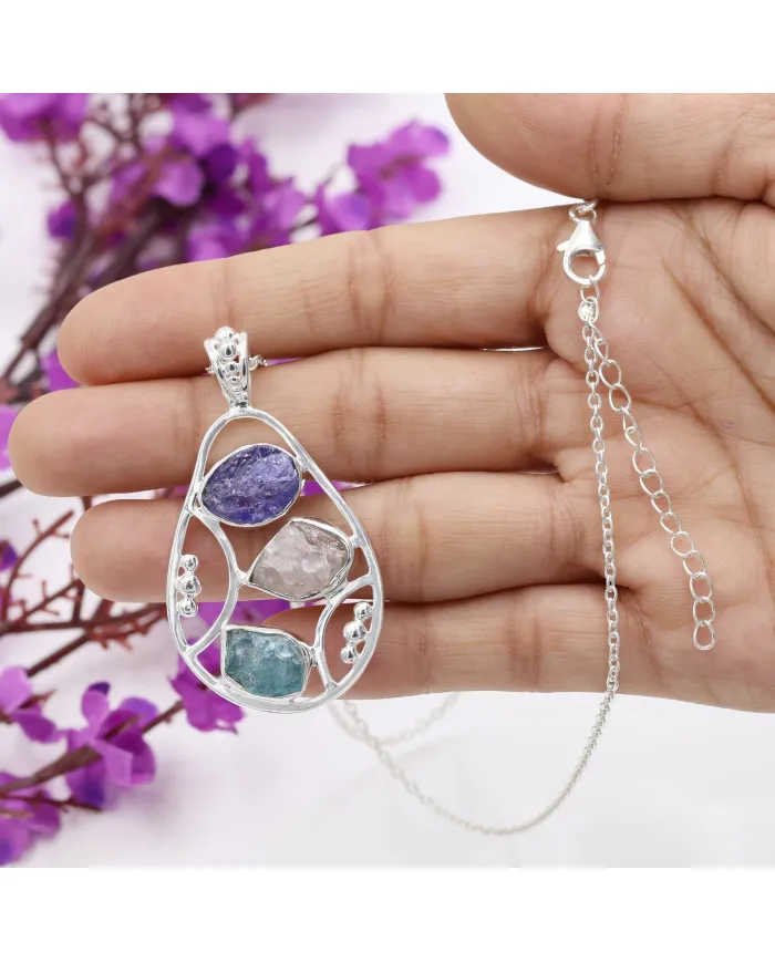 Raw Tanzanite Pendant Necklace with Rose Quartz and Apatite Gemstone
