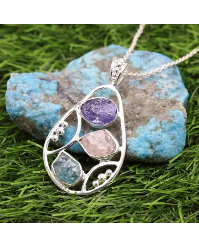 Raw Tanzanite Pendant Necklace with Rose Quartz and Apatite Gemstone