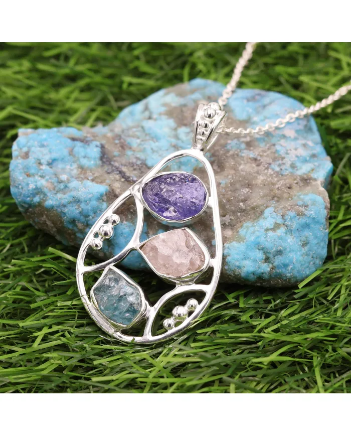 Raw Tanzanite Pendant Necklace with Rose Quartz and Apatite Gemstone