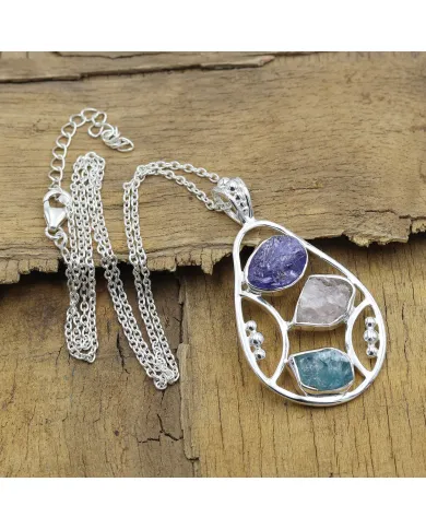 Raw Tanzanite Pendant Necklace with Rose Quartz and Apatite Gemstone