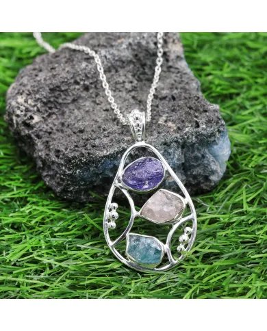 Raw Tanzanite Pendant- Sterling Silver Rose Quartz and Apatite Pendant Handmade Gemstone Jewelry